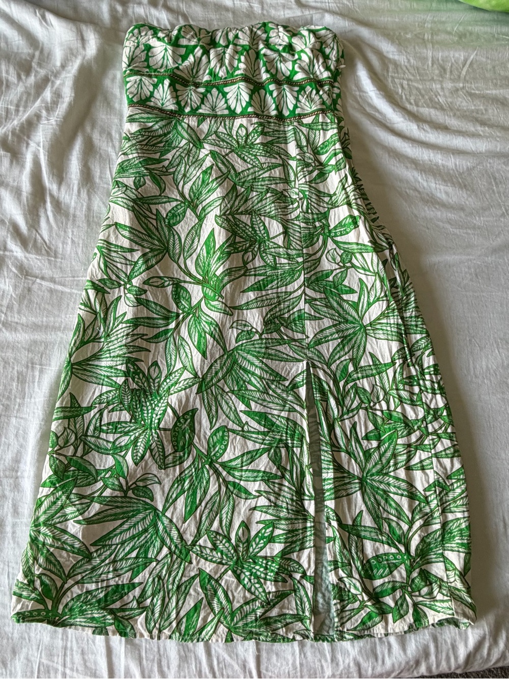 Zara Green and White Strapless Midi Dress with Leaf Print